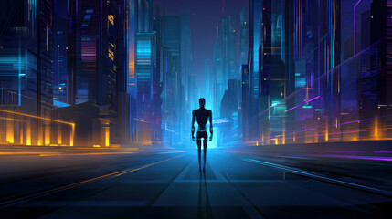 Futuristic robot walking on a smart city street, illuminated by neon lights and modern architecture. Artificial Intelligence, Futuristic Digital Technology, Metaverse of Digital Intelligent World