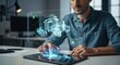 © Demas - Engineer using futuristic holographic interface to design complex machinery components