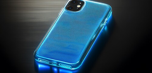 Transparent phone cover with embedded blue nano mesh glowing on textured carbon fiber