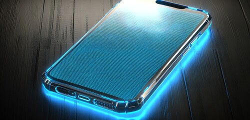 Transparent phone cover with embedded blue nano mesh glowing on textured carbon fiber
