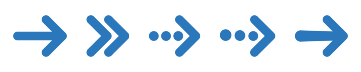 Wall Mural - Blue rounded right arrows set. Next, enter, swipe, scroll button. Flat icon. Continue icon. East arrow.