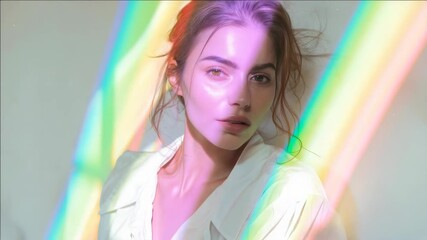 Wall Mural - A stylized  of a woman with a sunlit background creating a spectrum effect.