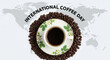 © GfxAkash - Celebrating international coffee day with a warm cup of coffee surrounded by roasted beans on a world map background