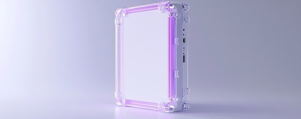 Ultra-thin transparent case with violet RGB glow on clean white futuristic slab