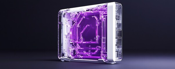 Ultra-thin transparent case with violet RGB glow on clean white futuristic slab
