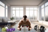 Handsome young sporty muscular man training in gym