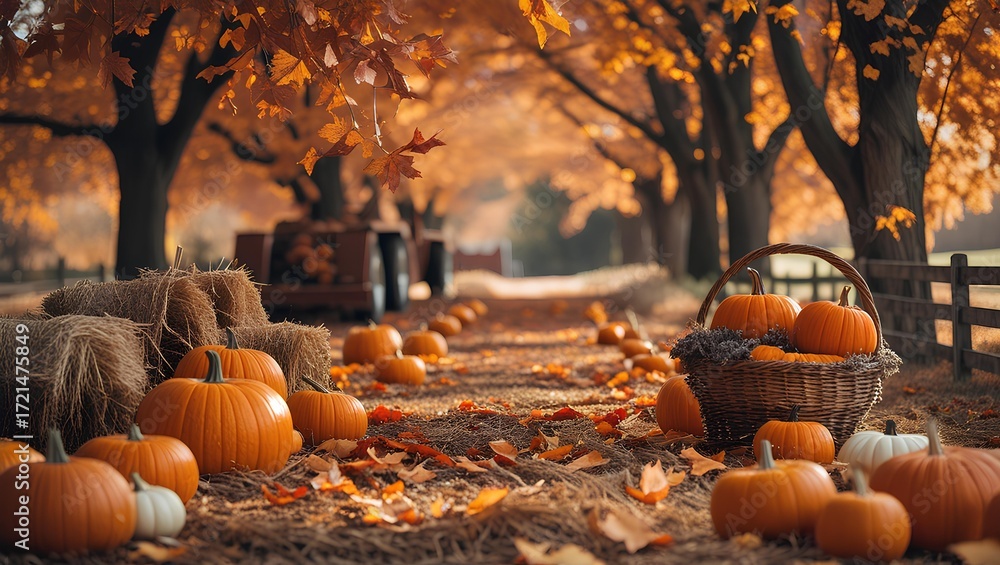 Autumn Pumpkin Patch with Cart and Fall Foliage - Harvest Season Farm ...