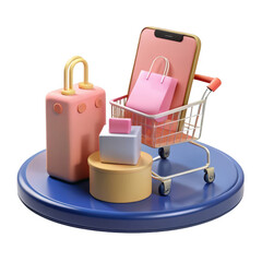 3d online shopping cart with gifts and smartphone isolated on transparent background