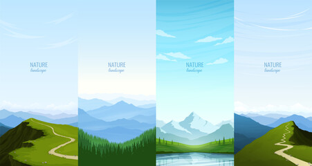 Wall Mural - Set of natural mountain backgrounds. Trail leading to the top of the cliff. Panoramic view of the mountains. Green valley near the river. Clear sky. Vector image. Concept of tourism, travel.
