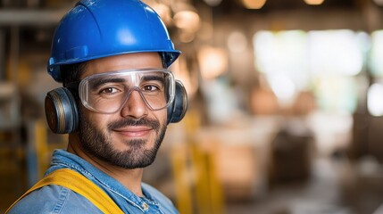 man wearing safety glasses hard hat and ear protection in a workshop environment looking at viewer