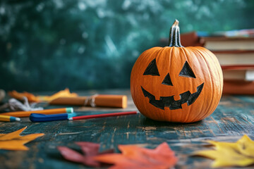 Wall Mural - Kids carving pumpkins at a Halloween event generative AI
