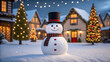 © rafe - Charming snowman with top hat and scarf stands in snowy village square decorated for christmas holidays