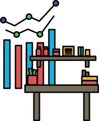 Canvas Print - A black and white drawing of a desk with a shelf and a graph on the wall