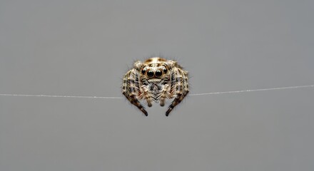 A close-up view of a spider perched on a thin, delicate strand of web.