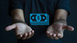 © Faiz - Open Hands Offering Digital Cash — Futuristic Concept of Online Payments, Aid, or Financial Giving