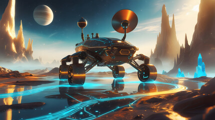 Wall Mural - Abstract futuristic exploration concept featuring robotic rover operating on holographic alien terrain