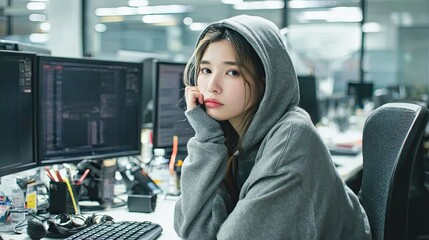 Woman coder wearing a gray hoodie working in an office with multiple monitors. Female programmer for technology concept.