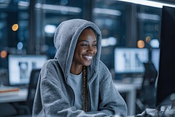 Smiling african american woman coder working at night office space. Happy female programmer developing new software.