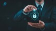 © Prosenjit - Digital Guardian: A person in a formal suit safeguards a digital shield with a glowing padlock, symbolizing secure data and network protection in the digital landscape.