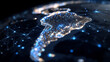 © Maksym - Futuristic Latin America map with holographic overlays, bright data nodes, digital lines connecting countries and cities, cyber connectivity emphasized