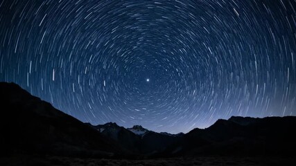 Wall Mural - Majestic night sky over a rugged mountain landscape with captivating circular star trails, showcasing Earth's rotation in an astronomical timelapse natural beauty, environmental, galaxy