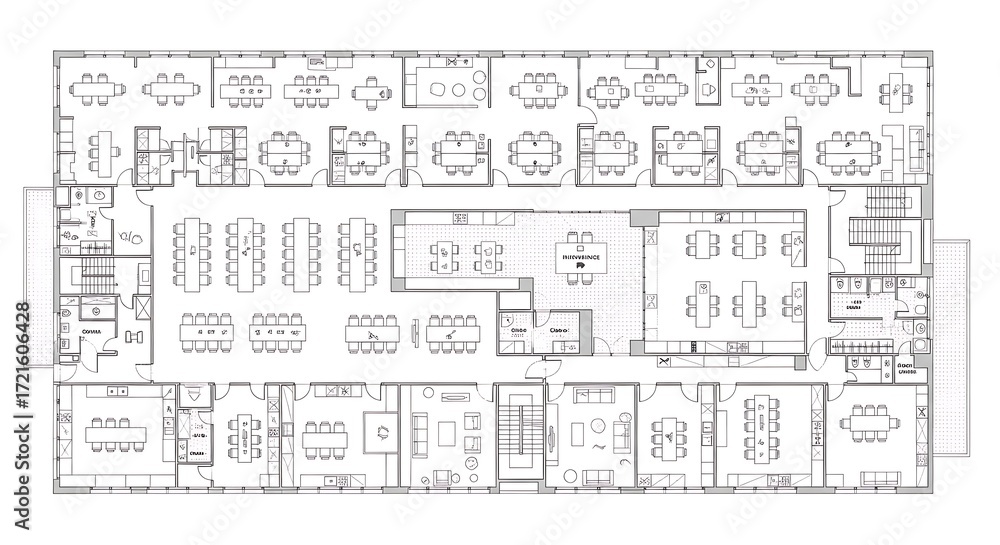 Architectural floor plan of a large office building with cubicles and ...