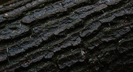 Closeup macro view of dark, rough, and textured tree bark with mossy green accents, showcasing natural patterns