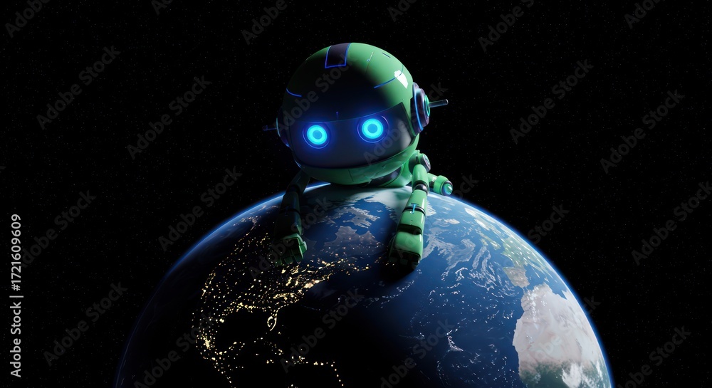 Cute robot hug big earth, digital robot illustration, astronomy, space ...