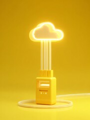 Wall Mural - background with a suspended cloudstone connected by vertical LAN cable glowing at the connection point yellow background cloudstone vertical LAN cable glow connection minimal tech style digital 