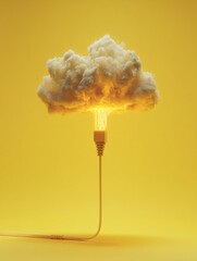 Wall Mural - background with a suspended cloudstone connected by vertical LAN cable glowing at the connection point yellow background cloudstone vertical LAN cable glow connection minimal tech style digital 