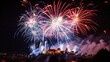 © SARIFUDIN - Night scene of a medieval castle silhouetted against a vibrant fireworks display.  Explosions of red, white, and blue light illuminate the night sky