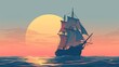 © SARIFUDIN - A majestic sailing ship glides across a calm ocean, silhouetted against a large, setting sun and a pastel sky. The scene is peaceful and evocative of exploration and adventure