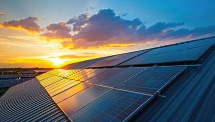 A picturesque sunset casts a warm glow on a rooftop solar panel array, showcasing clean energy technology against a vibrant sky
