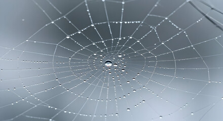 Dew Covered Spiderweb Against Muted Blue Gray Sky Background