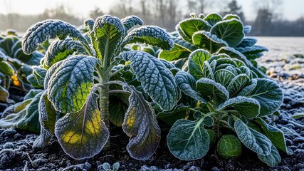 Wall Mural - Medium shot of coldhardy crop plants with frostcovered leaves highlighting development for survival in freezing temperatures and harsh winter environments.