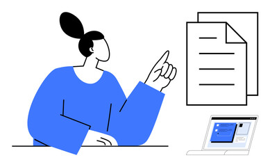 Wall Mural - Woman pointing towards documents and laptop with report interface. Ideal for remote work, planning, education, content review, digital tools, organization, and productivity themes. Simple flat