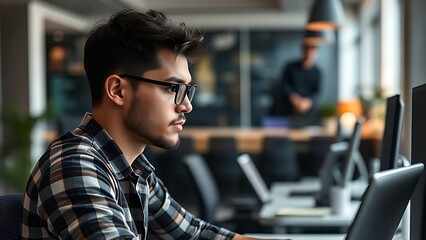A programmer working diligently at a modern office desk, surrounded by a softly blurred background.