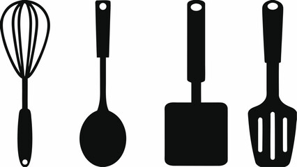 Illustration of kitchen utensils including a whisk ladle spatula and slotted turner on a white background | editable eps vectors silhouette