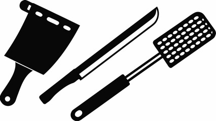 Illustration of a cleaver knife and a spatula kitchen utensils in black and white color scheme style | editable eps vectors silhouette