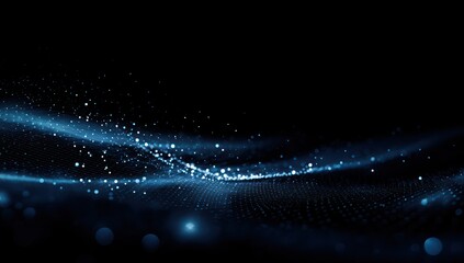A digital abstract design displays a dark background with subtle blue particle waves.