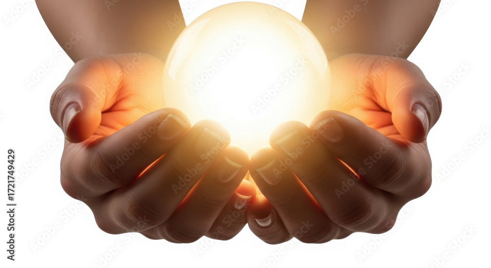 Human hands cupped together holding a bright glowing light bulb ...