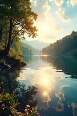 Wall Mural - Golden sunlight bathes a serene lake, sparkling water reflecting the bright sky Perfect for relaxation and summer themes Ideal for travel brochures or websites , serene, peaceful, travel