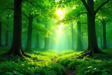 Wall Mural - Lush green forest canopy, dappled sunlight filtering through leaves, creating a tranquil and serene atmosphere Perfect for nature, environmental, and conservation themes , natural, serene