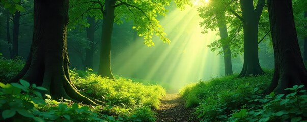 Wall Mural - Sunlit Forest Floor Magical Tranquil Atmosphere of Lush Green Canopy, Perfect for Nature, Travel, and Environmental Projects