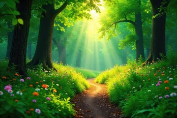 Wall Mural - Sunlight dapples through the canopy of a lush green summer forest, illuminating a path winding through ferns and wildflowers The air is still and warm, inviting exploration , ferns, green