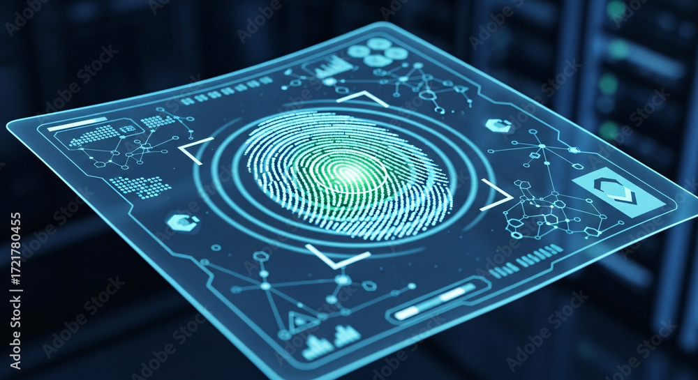 Futuristic fingerprint scanner interface with digital elements and ...