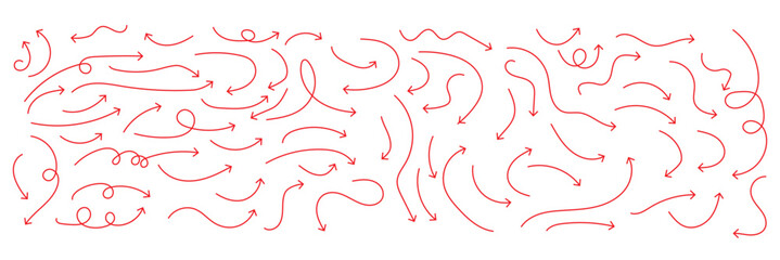 Wall Mural - Squiggly red arrow set. Chalk elements in flat style. Doodle movement spiral arrows, scribble, lines. Hand drawn pencil brush for icon, children sketch. Vector illustration on white background.