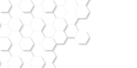 Wall Mural - Abstract pattern hexagonal white technology line paper background. Hexagonal grid tile mosaic structure mess cell design. white and gray hexagon honeycomb football geometric copy space business text.	