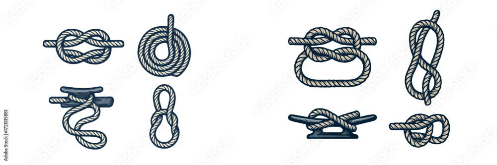 Different types of knots and rope configurations for sailing and ...