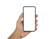 © Arrhman - A hand holding a modern smartphone with a blank, white screen, isolated on white.